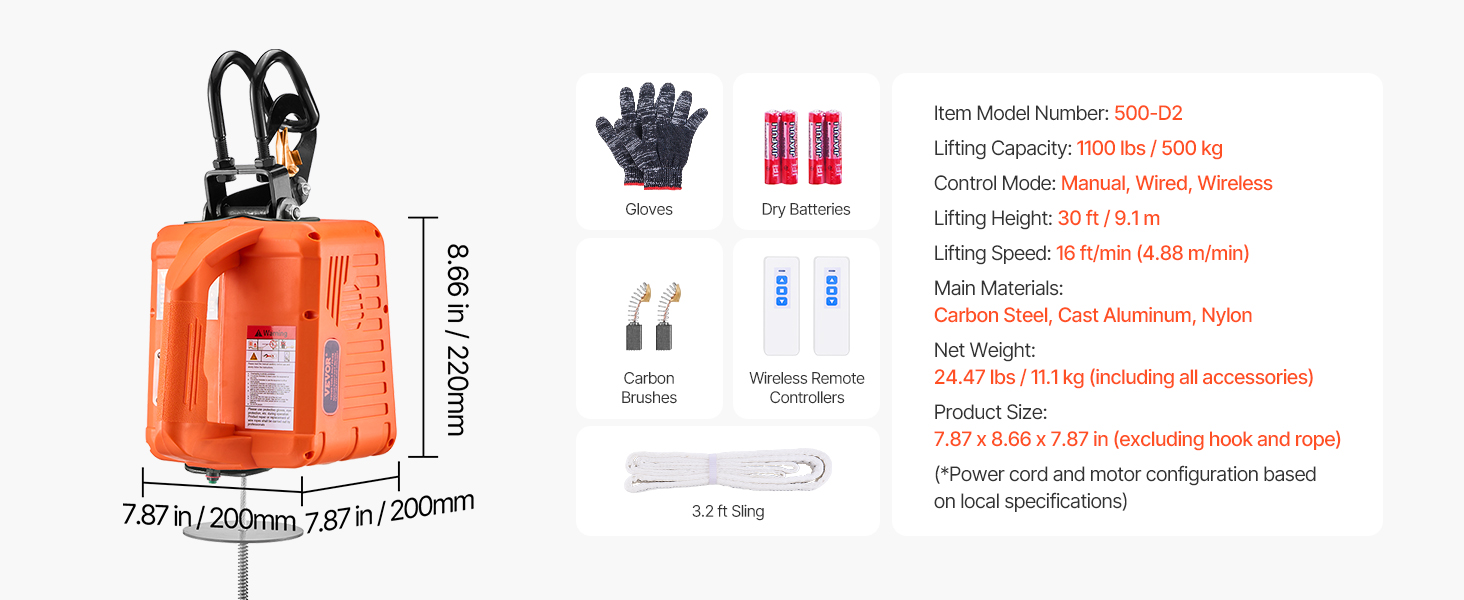 VEVOR 2-in-1 elektrische lier 498,95 kg draagvermogen kabellifter hefsnelheid ≥ 4 m/min motorlier 7 m hefhoogte kabellift 1500 W kabel 2 bedieningsmodi handmatig/draadloos