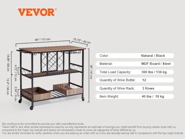 VEVOR bar cart with mdf board/steel, holds 12 wine bottles, 3 wine racks, and supports 300 lbs.