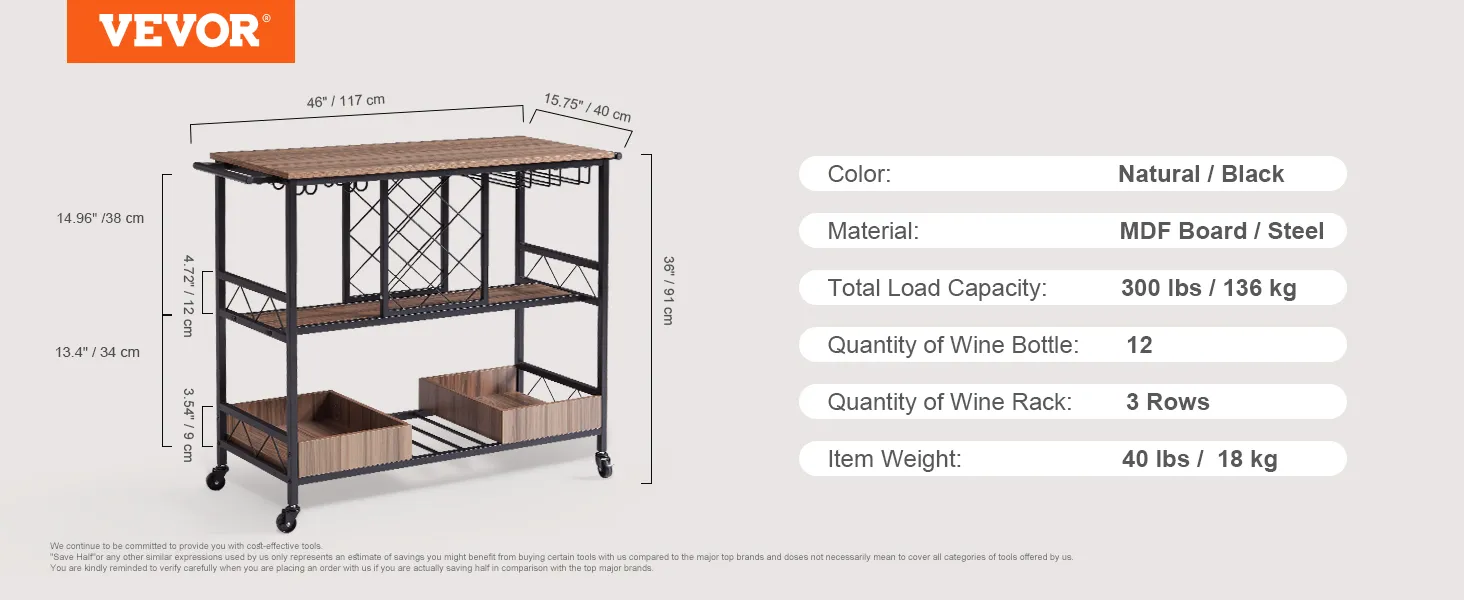 VEVOR bar cart with mdf board/steel, holds 12 wine bottles, 3 wine racks, and supports 300 lbs.