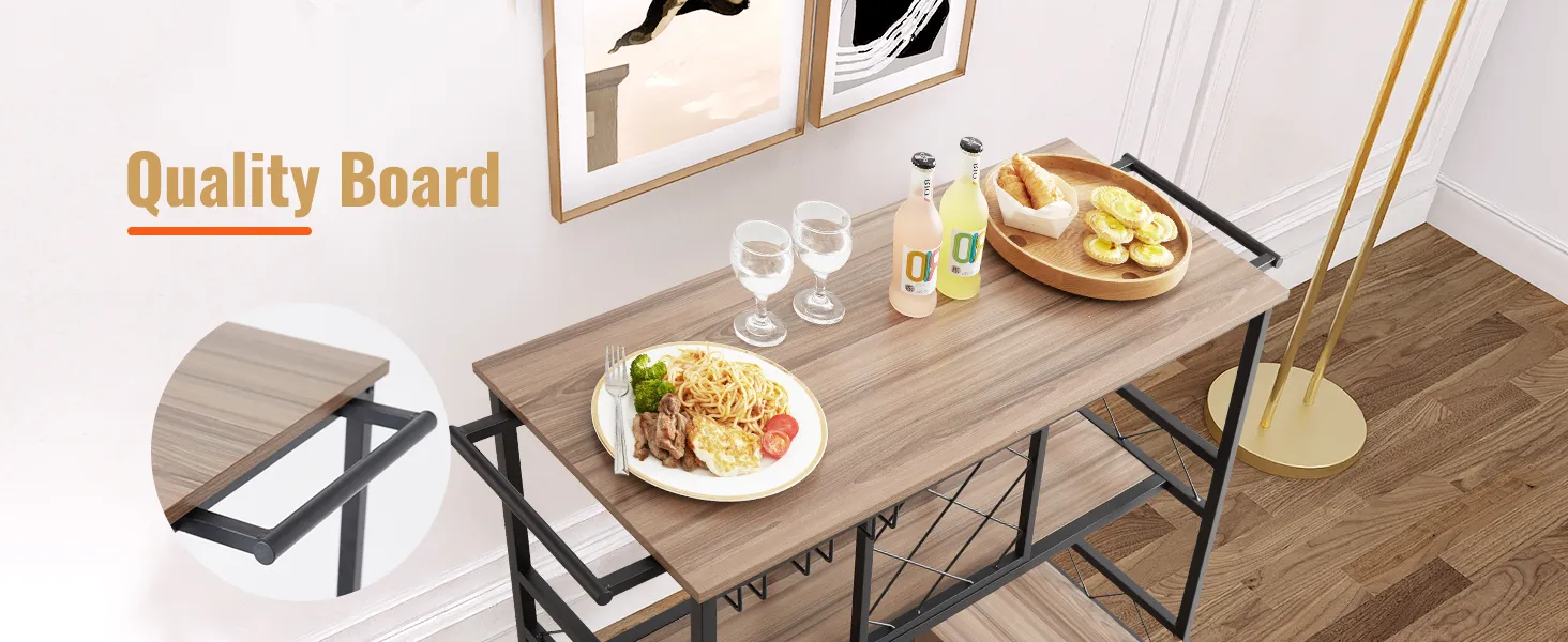 VEVOR bar cart with wooden top, displaying food and drinks, highlighted for quality board.
