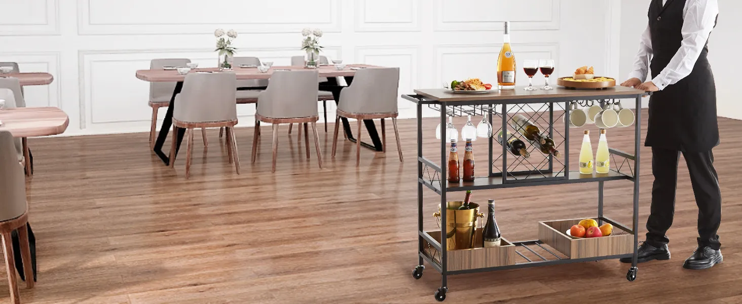 restaurant with a VEVOR bar cart holding drinks, glassware, and food, set on a wooden floor.