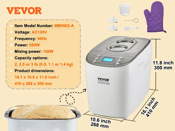 VEVOR bread maker with model mb8902-a, ac120v, 950w, 16.1 x 10.6 x 11.8 inches, includes utensils and mitt.