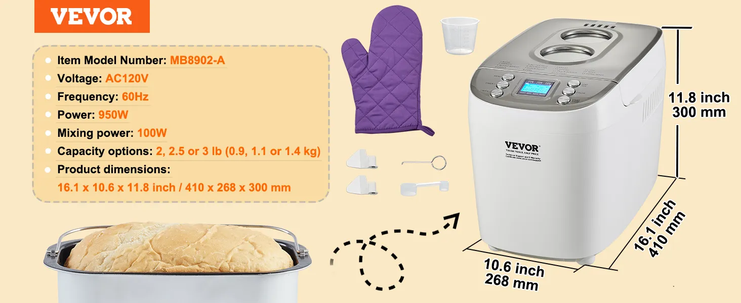 VEVOR bread maker with model mb8902-a, ac120v, 950w, 16.1 x 10.6 x 11.8 inches, includes utensils and mitt.