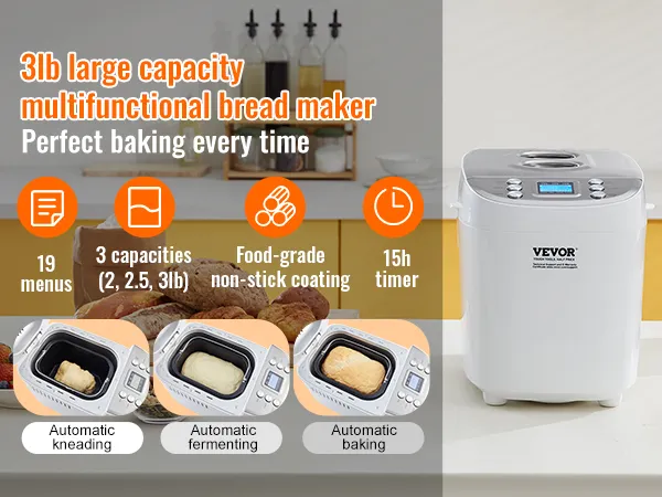 VEVOR bread maker with 3lb capacity, 19 menus, food-grade coating, and 15h timer for perfect baking.