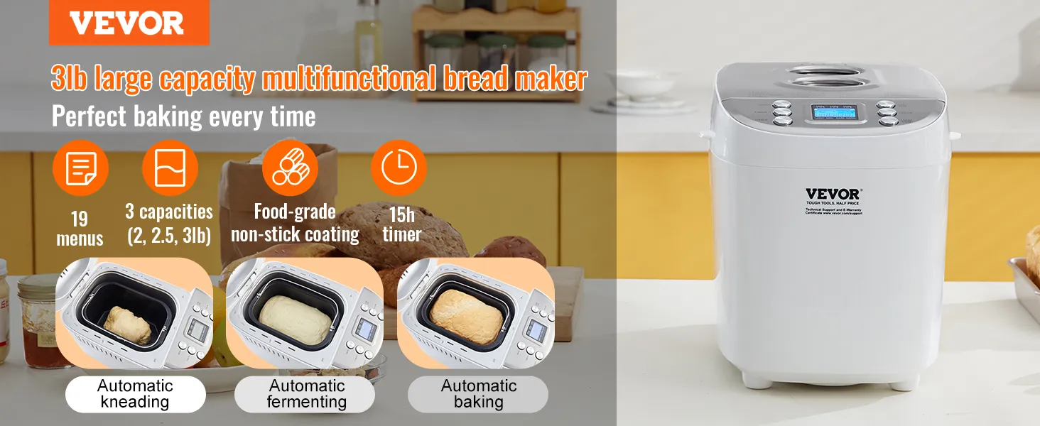VEVOR bread maker with 3lb capacity, 19 menus, food-grade coating, and 15h timer for perfect baking.