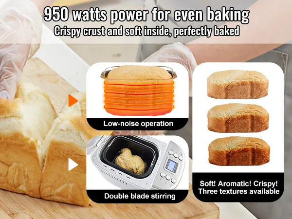 VEVOR bread maker with 950w power, ensuring crispy crust, soft inside, low-noise operation, and double blade stirring.