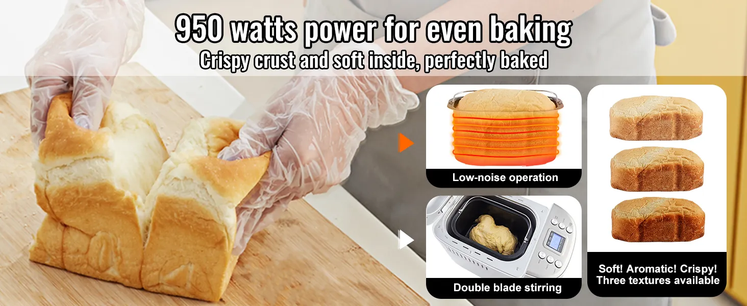 VEVOR bread maker with 950w power, ensuring crispy crust, soft inside, low-noise operation, and double blade stirring.
