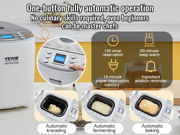 VEVOR bread maker with automatic kneading, fermenting, baking, 15-hour reservation, and keep-warm features.
