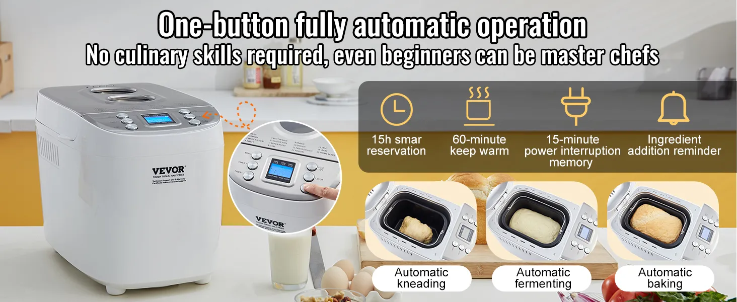 VEVOR bread maker with automatic kneading, fermenting, baking, 15-hour reservation, and keep-warm features.