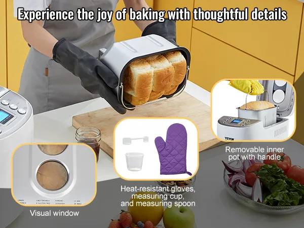 VEVOR bread maker with removable pot, visual window, heat-resistant gloves, measuring cup, and spoon.