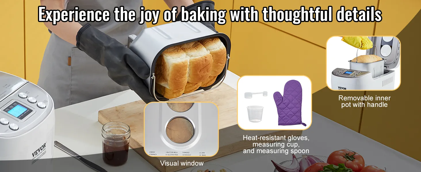 VEVOR bread maker with removable pot, visual window, heat-resistant gloves, measuring cup, and spoon.
