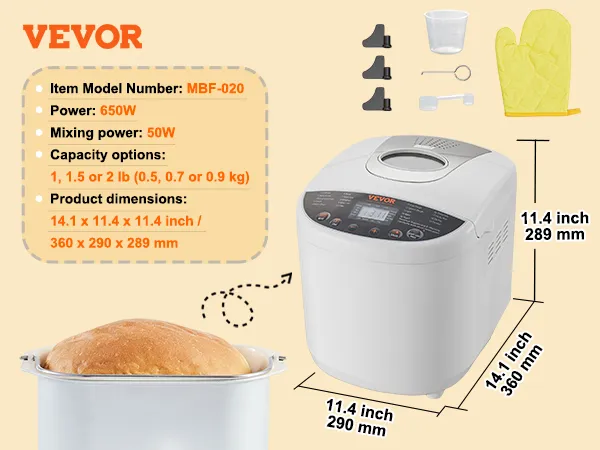 VEVOR bread maker mbf-020 with 650w power, 1-2 lb capacity, and 14.1x11.4x11.4 inch dimensions.