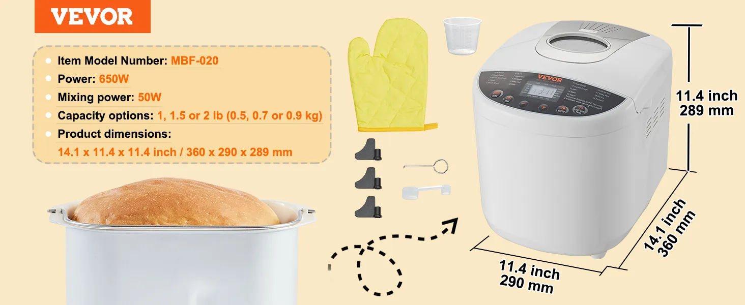 VEVOR bread maker mbf-020 with 650w power, 1-2 lb capacity, and 14.1x11.4x11.4 inch dimensions.