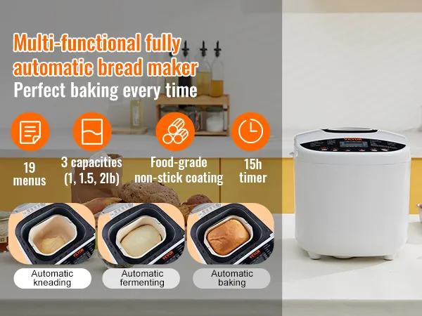 VEVOR bread maker with 19 menus, 3 capacities, food-grade non-stick coating, and 15h timer.