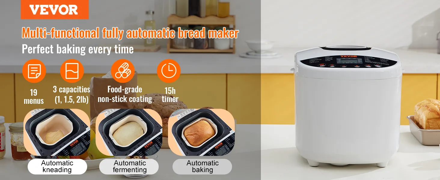 VEVOR bread maker with 19 menus, 3 capacities, food-grade non-stick coating, and 15h timer.