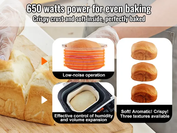 hands with gloves splitting fresh baked bread; VEVOR bread maker features shown with 650 watts power.