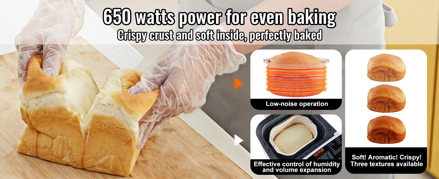 hands with gloves splitting fresh baked bread; VEVOR bread maker features shown with 650 watts power.