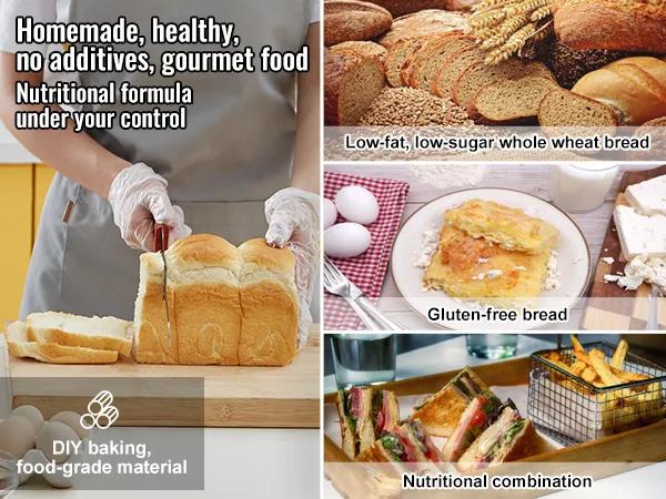 person slicing homemade bread in a kitchen, showcasing various baked goods, VEVOR bread maker.