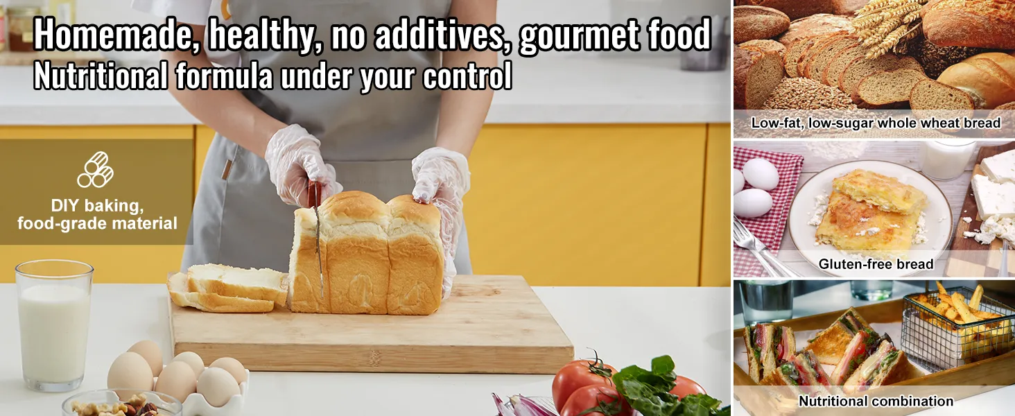 person slicing homemade bread in a kitchen, showcasing various baked goods, VEVOR bread maker.