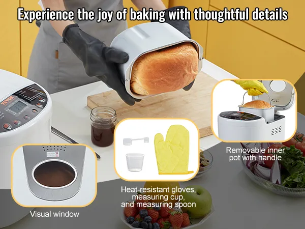 VEVOR bread maker with visual window, removable inner pot, and included accessories: gloves, cup, spoon.
