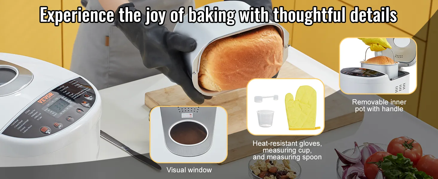 VEVOR bread maker with visual window, removable inner pot, and included accessories: gloves, cup, spoon.