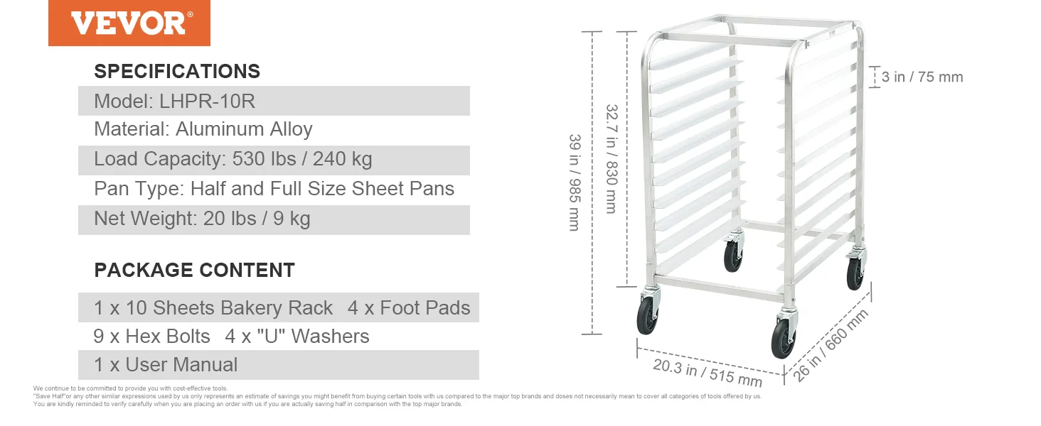 VEVOR bun pan rack specs: 10 sheets, aluminum alloy, 530 lbs load, half/full pans, 39"x26"x20.3", with casters.