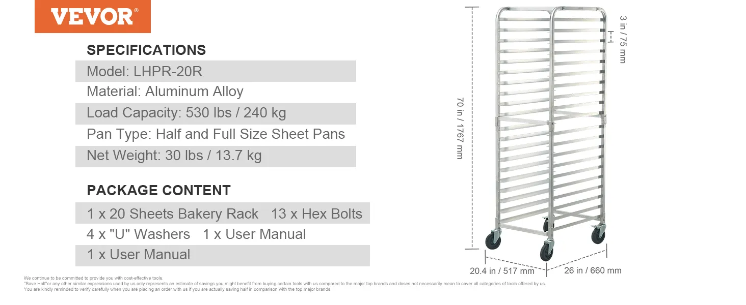 Rejilla para bandejas de pan VEVOR, aleación de aluminio, 20 ranuras para bandejas para hornear, capacidad de 530 lb, 70" x 26" x 20,4".