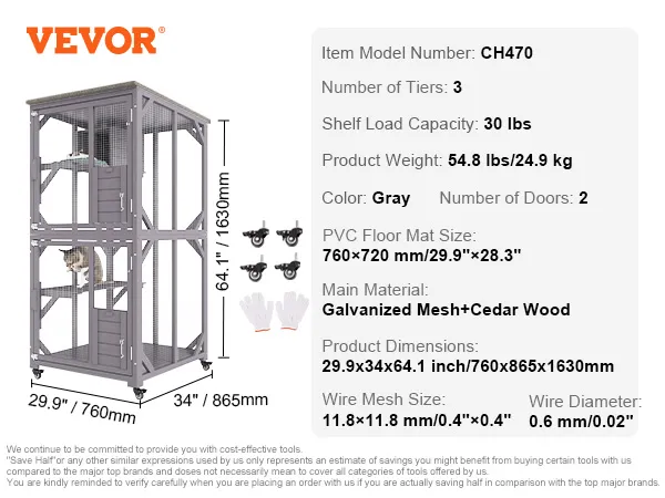 VEVOR cat house outdoor, 3 tiers, gray galvanized mesh, cedar wood, lockable casters, gloves included.