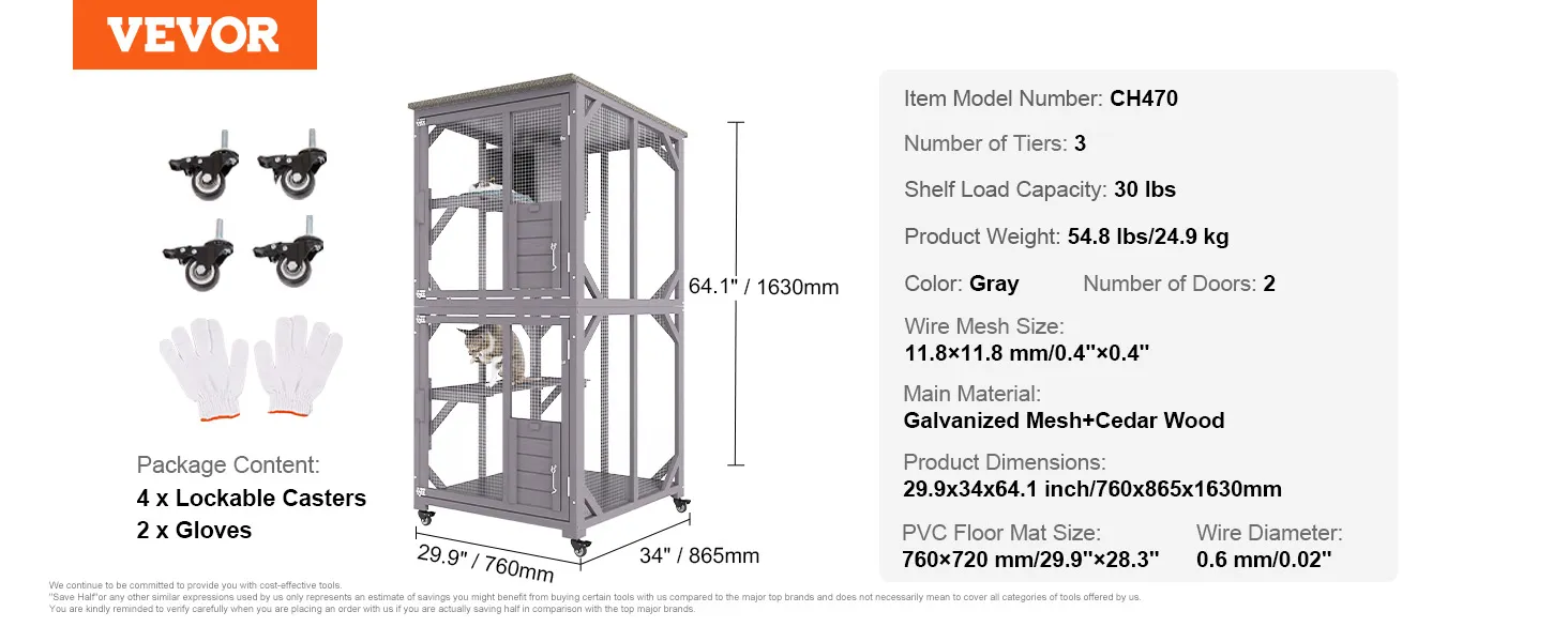 VEVOR cat house outdoor, 3 tiers, gray galvanized mesh, cedar wood, lockable casters, gloves included.