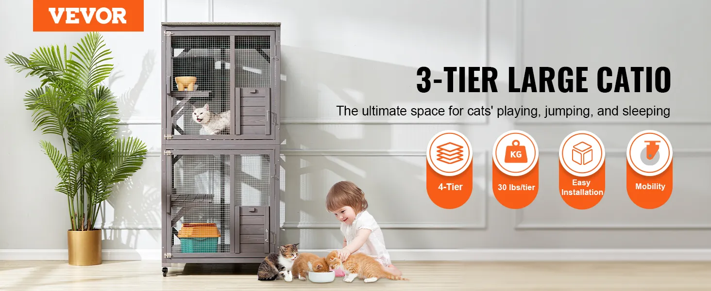 VEVOR cat house outdoor 3-tier large catio for cats' playing, jumping, and sleeping.