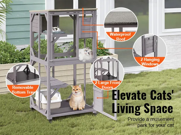 VEVOR cat house outdoor with waterproof roof, hanging windows, front doors, and removable tray.