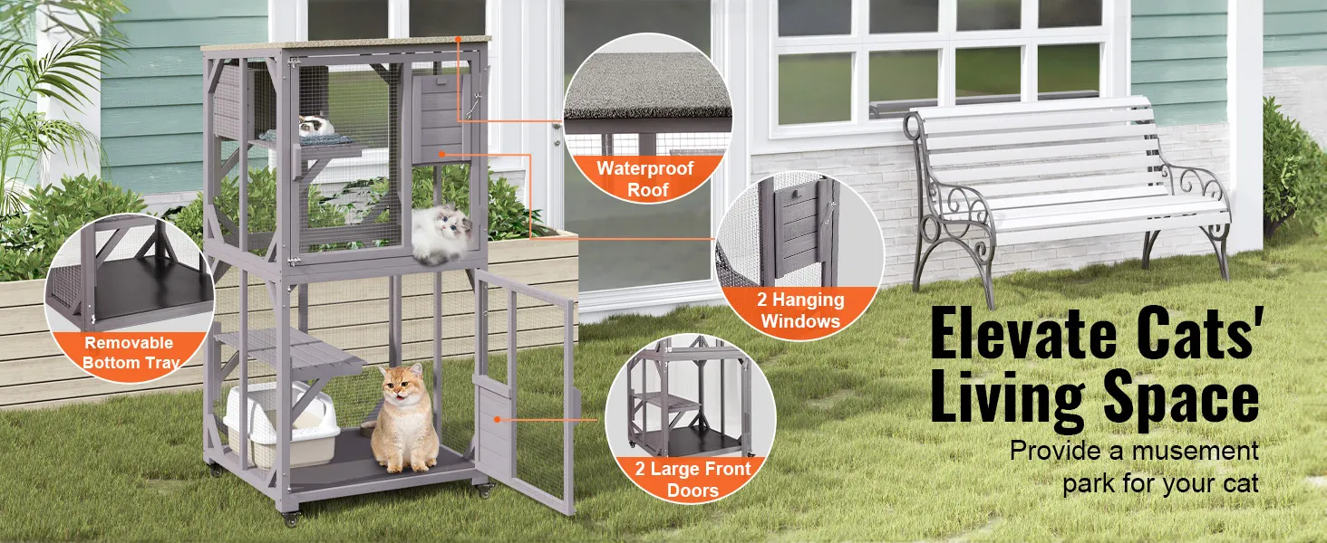 VEVOR cat house outdoor with waterproof roof, hanging windows, front doors, and removable tray.