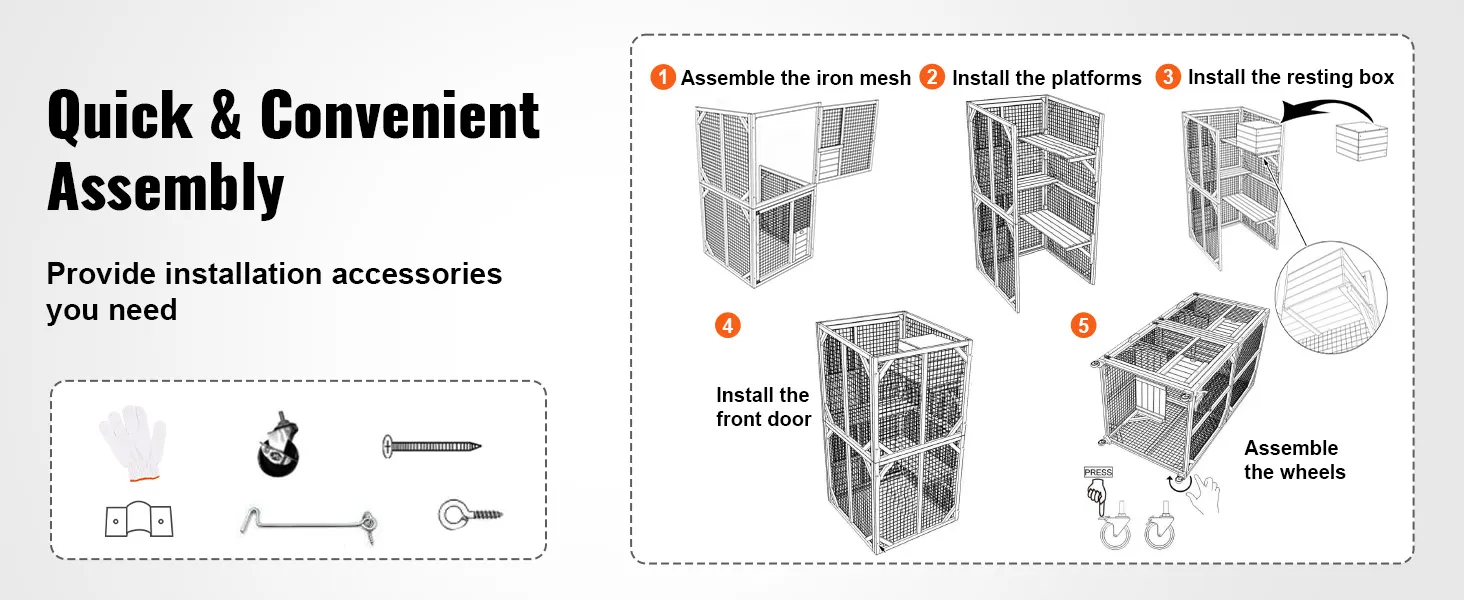 quick assembly guide for VEVOR cat house outdoor, showing installation steps and accessories.