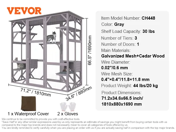 VEVOR cat house outdoor: gray cedar wood, galvanized mesh, 3 tiers, 1 door, 30 lbs shelf load capacity.