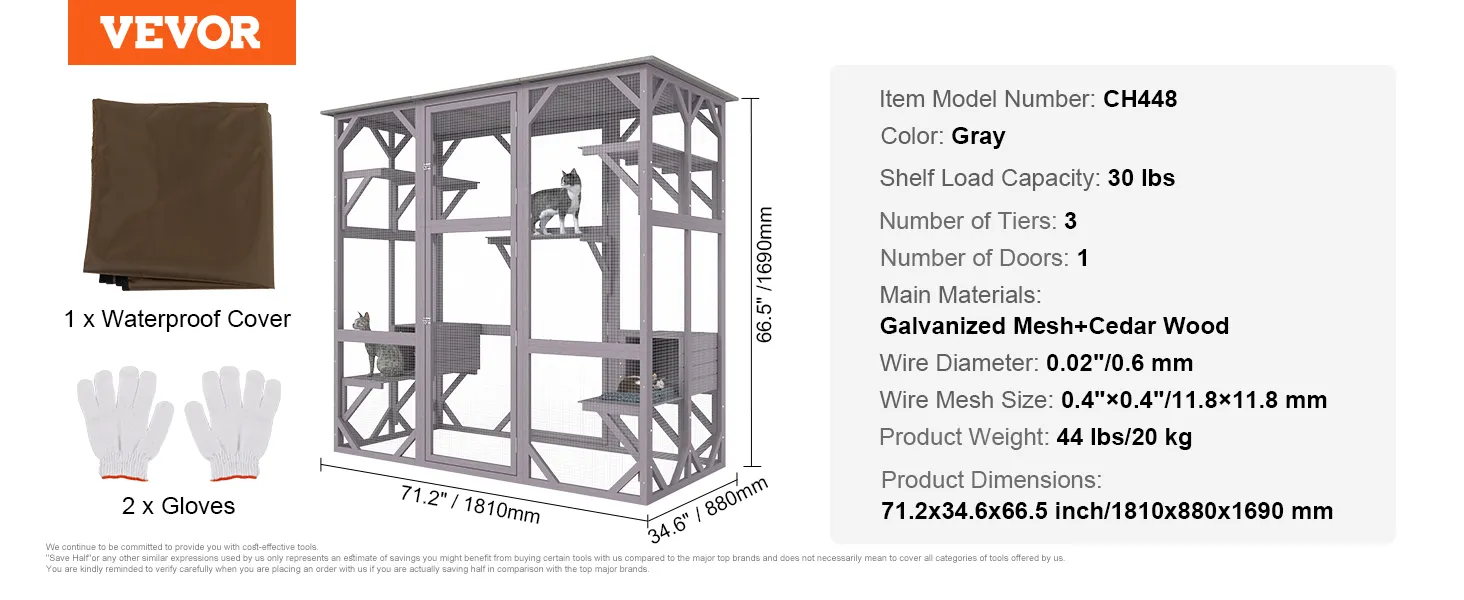 VEVOR cat house outdoor: gray cedar wood, galvanized mesh, 3 tiers, 1 door, 30 lbs shelf load capacity.