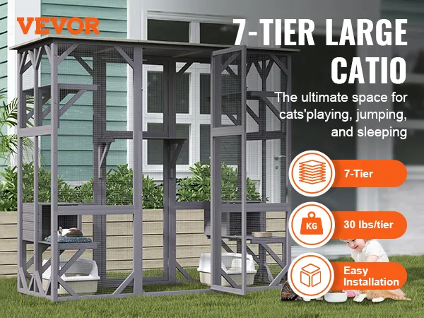 VEVOR cat house outdoor with 7-tier structure, showcasing cats playing and resting next to it.