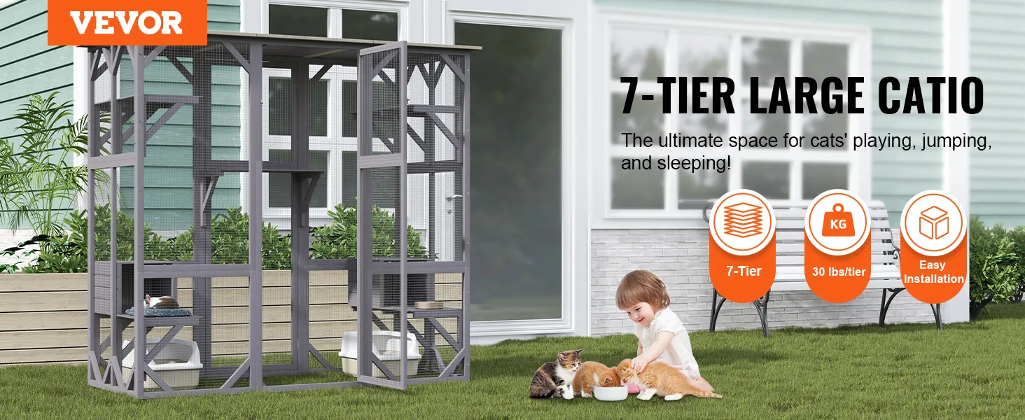 VEVOR cat house outdoor with 7-tier structure, showcasing cats playing and resting next to it.