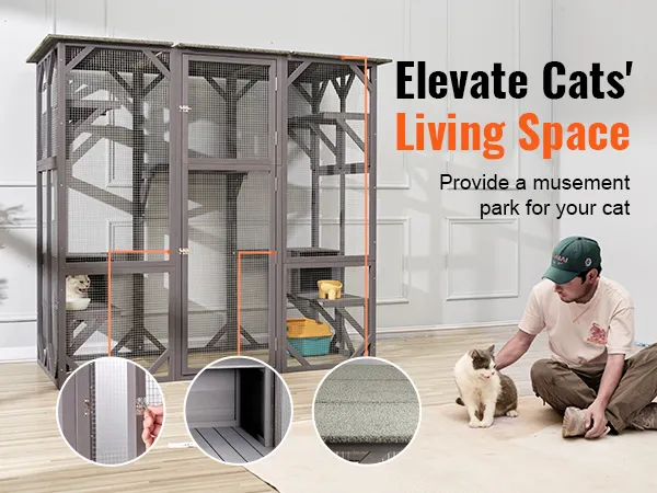 VEVOR cat house outdoor with multiple shelves and secure mesh, providing a playful space for cats.