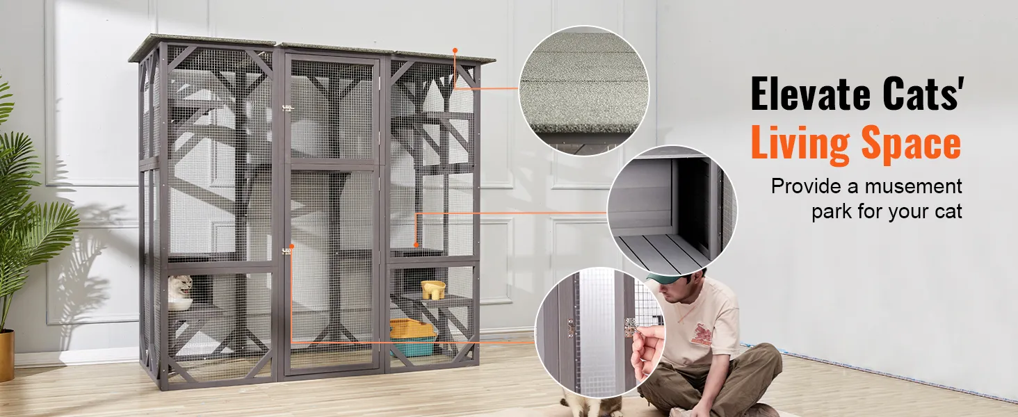 VEVOR cat house outdoor with multiple shelves and secure mesh, providing a playful space for cats.