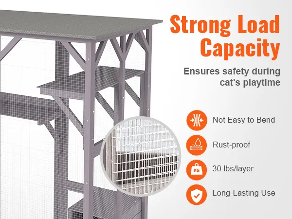 VEVOR cat house outdoor with strong load capacity, rust-proof wire, and 30 lbs per layer for safety.