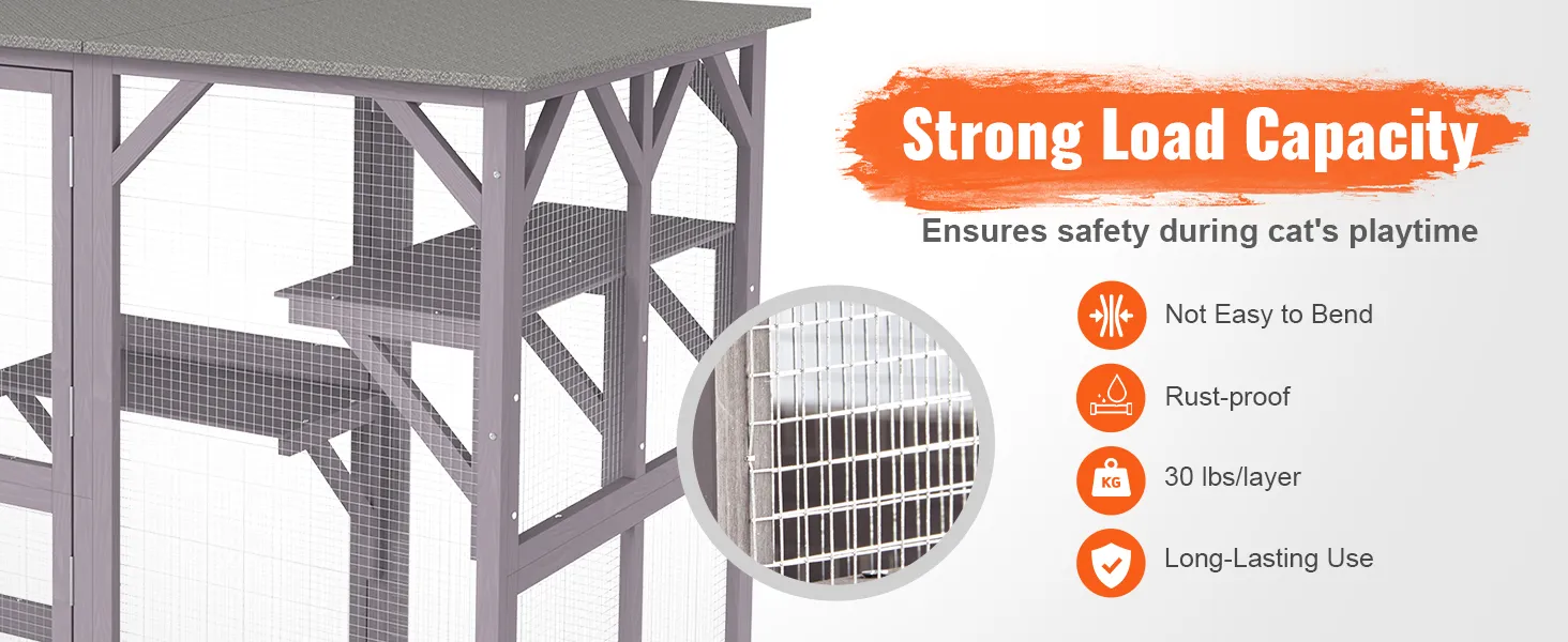 VEVOR cat house outdoor with strong load capacity, rust-proof wire, and 30 lbs per layer for safety.
