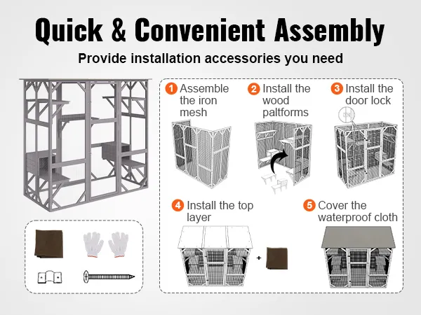 quick assembly for the VEVOR cat house outdoor with iron mesh, wood platforms, and waterproof cover.