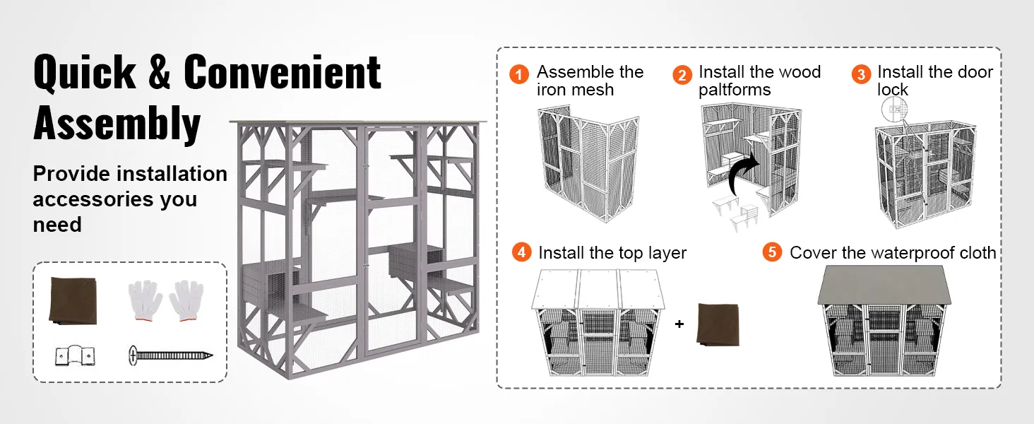 quick assembly for the VEVOR cat house outdoor with iron mesh, wood platforms, and waterproof cover.