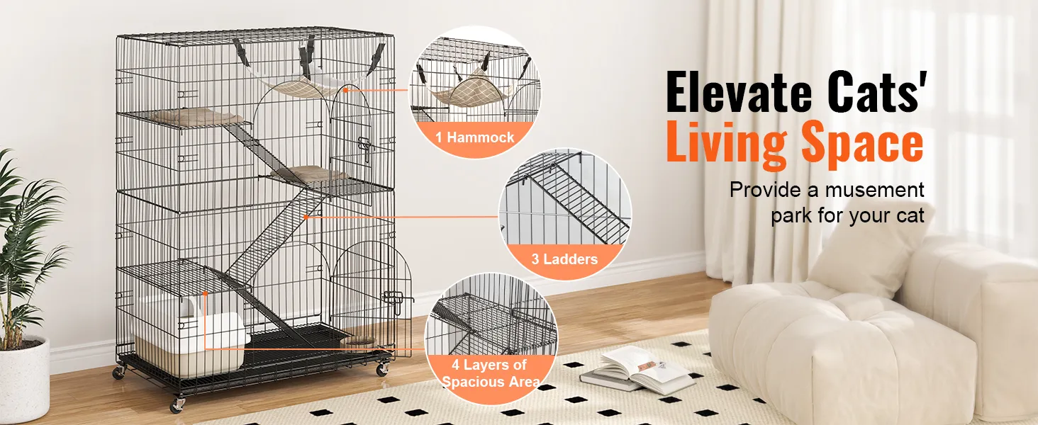 VEVOR-Katzengehege mit Hängematte, Leitern und vier geräumigen Ebenen in gemütlicher Raumatmosphäre.