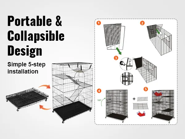 tragbares VEVOR-Katzengehege mit zusammenklappbarem Design und 5-stufiger Installationsanleitung.