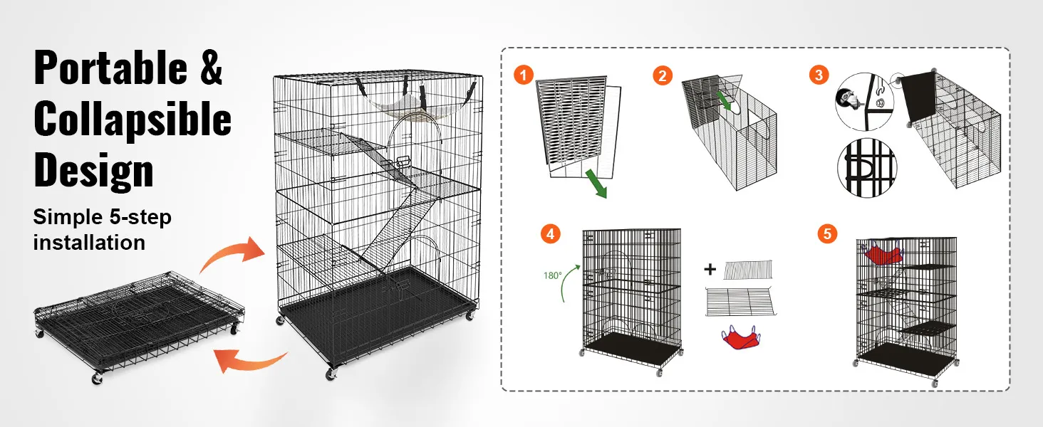 tragbares VEVOR-Katzengehege mit zusammenklappbarem Design und 5-stufiger Installationsanleitung.