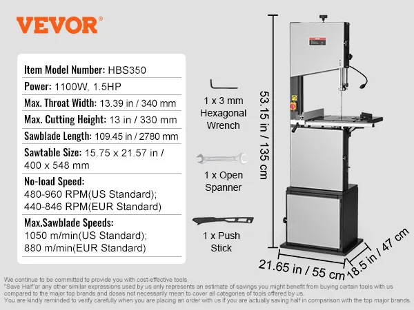 VEVOR lintzaag met 1100 W vermogen, maximale zaaghoogte van 13 inch, zaagblad van 2780 mm en accessoires inbegrepen.