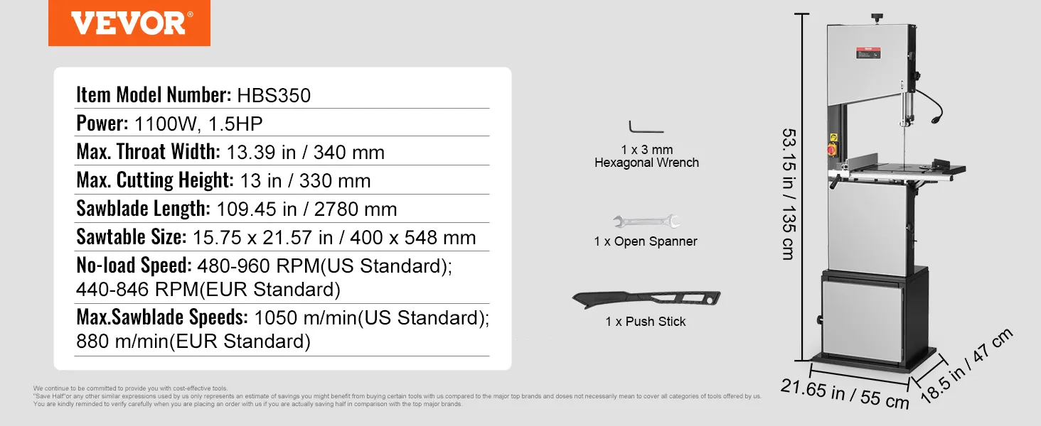 VEVOR lintzaag met 1100 W vermogen, maximale zaaghoogte van 13 inch, zaagblad van 2780 mm en accessoires inbegrepen.