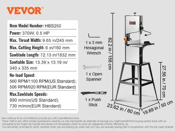 Specificaties en gereedschap voor VEVOR-lintzagen: 120 V, 370 W, 0,5 pk, zaaghoogte van 15 cm, zaagblad van 183 cm.