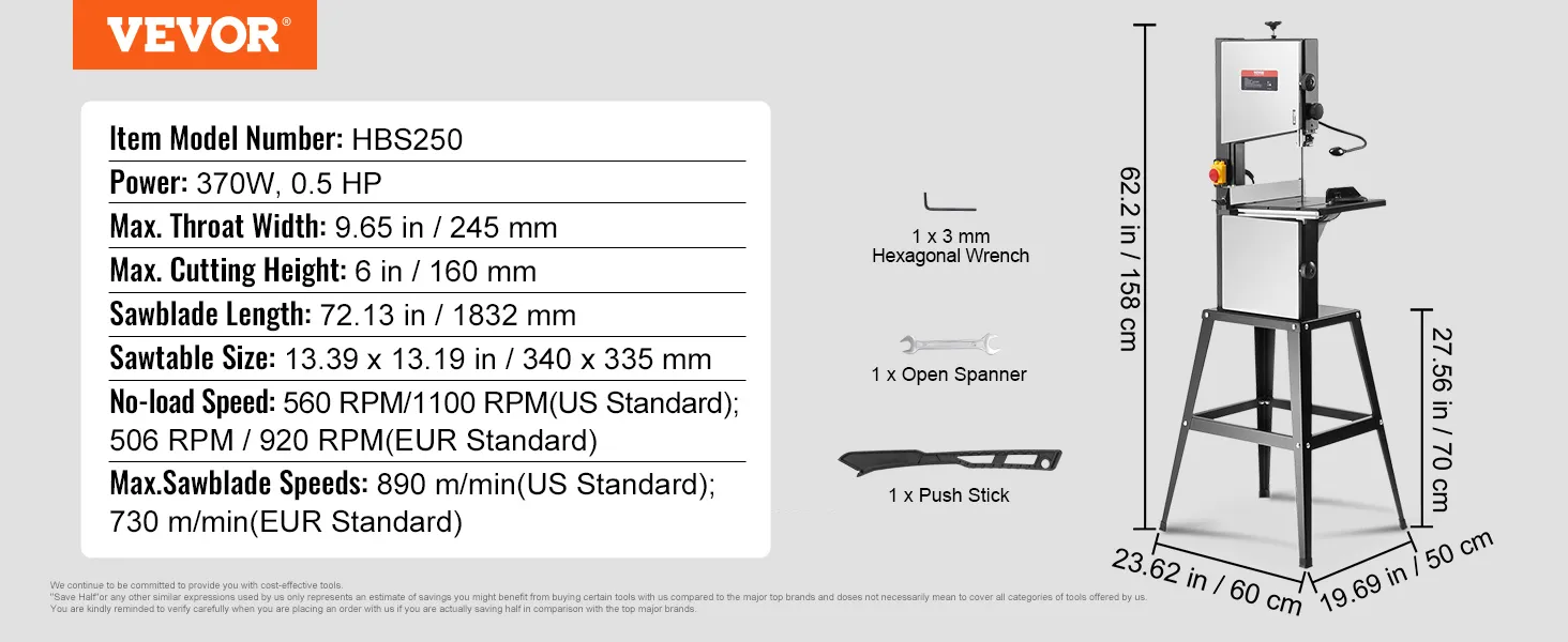 Specificaties en gereedschap voor VEVOR-lintzagen: 120 V, 370 W, 0,5 pk, zaaghoogte van 15 cm, zaagblad van 183 cm.